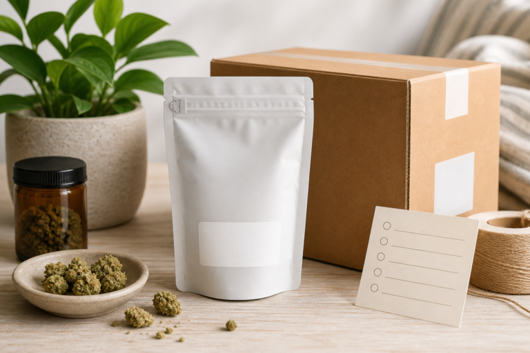 Sealed hemp product package and shipping box for an adult-use packaging guide