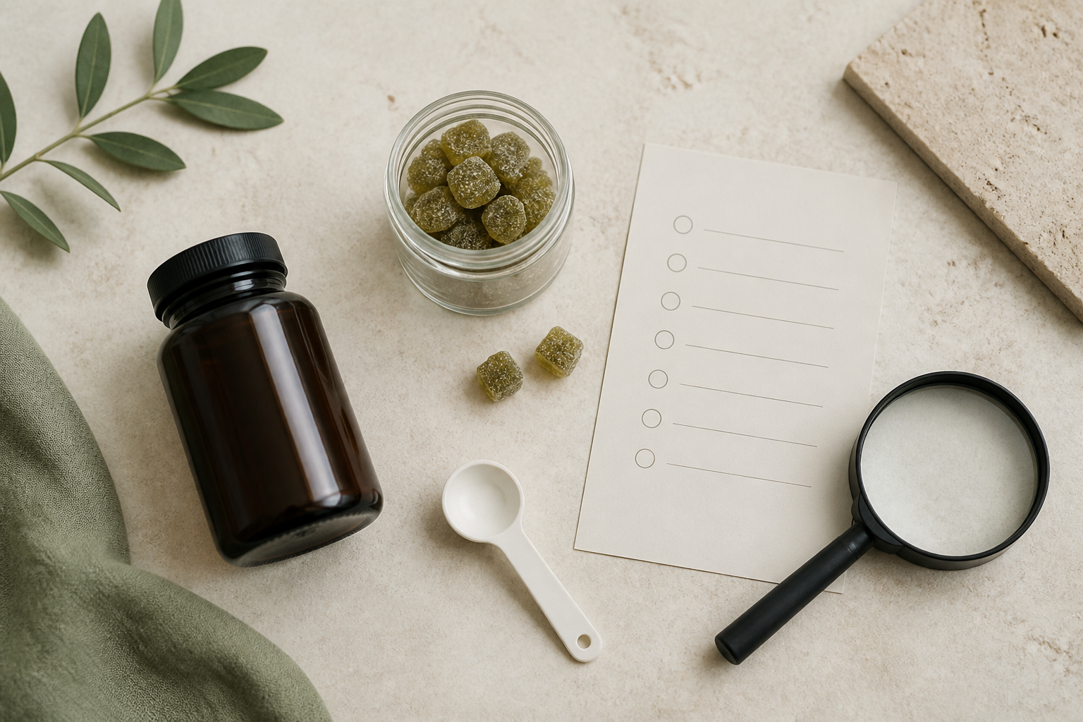 Unbranded gummies, amber bottle, measuring spoon, checklist, and magnifying glass for cannabinoid serving-size comparison