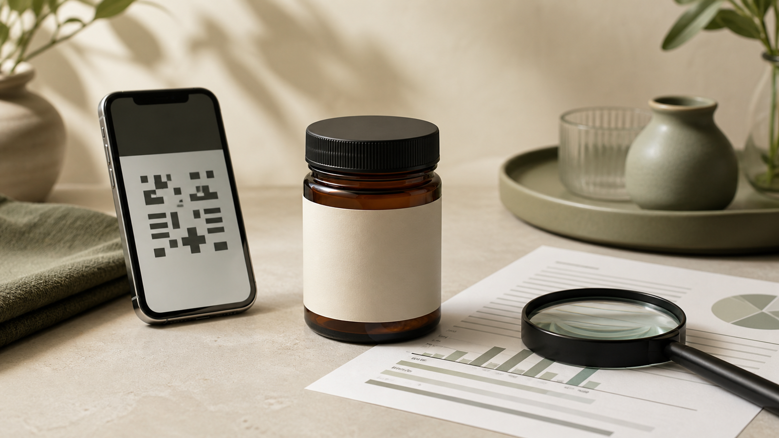 Unbranded amber jar, phone with abstract QR grid, lab report, and magnifying glass for COA verification