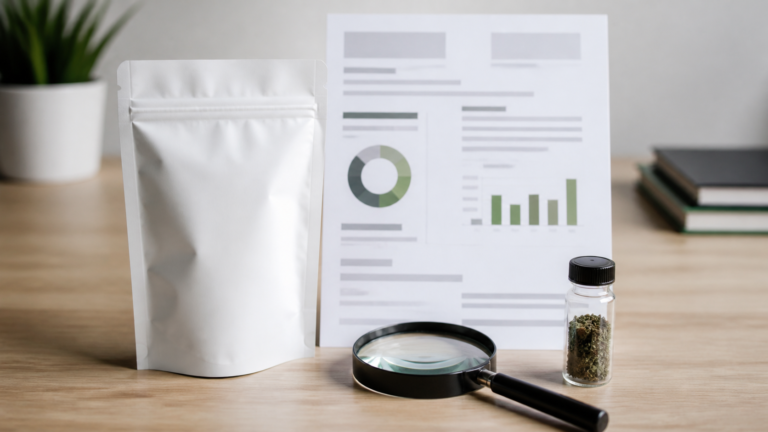 Unbranded hemp package, generic laboratory report with abstract charts, magnifying glass, and sample vial on a neutral desk