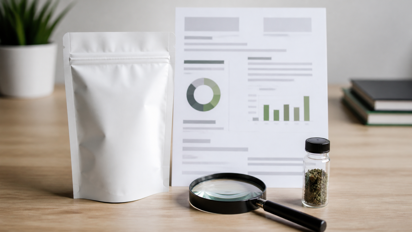 Unbranded hemp package, generic laboratory report with abstract charts, magnifying glass, and sample vial on a neutral desk
