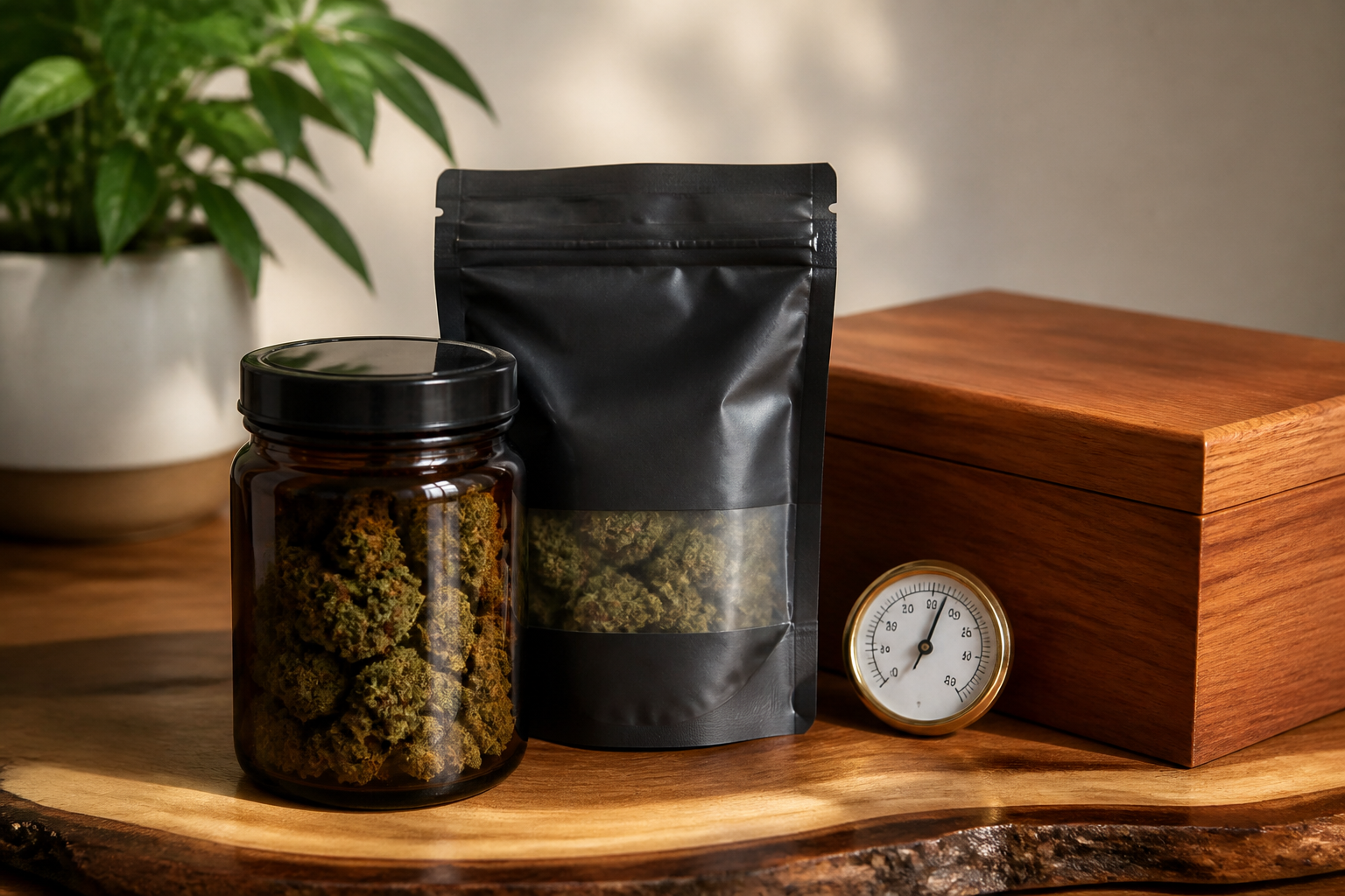 Cannabis flower stored in an amber jar beside a sealed pouch, hygrometer, and wooden storage box