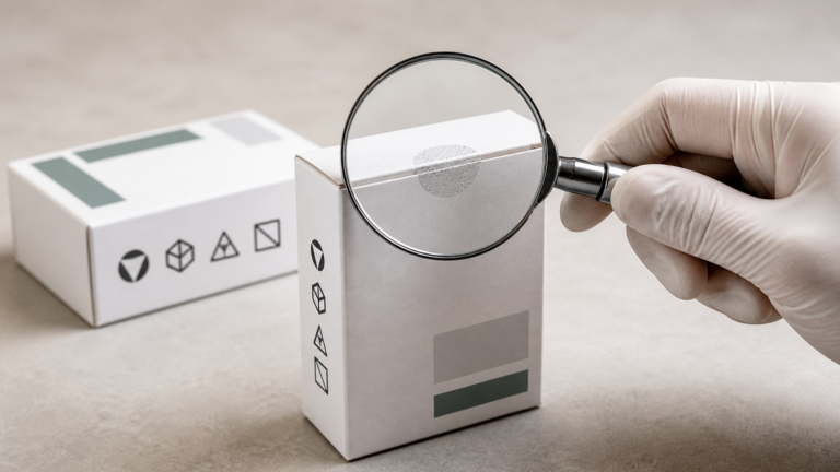 Magnifying glass inspecting generic cannabis packaging symbols and seal