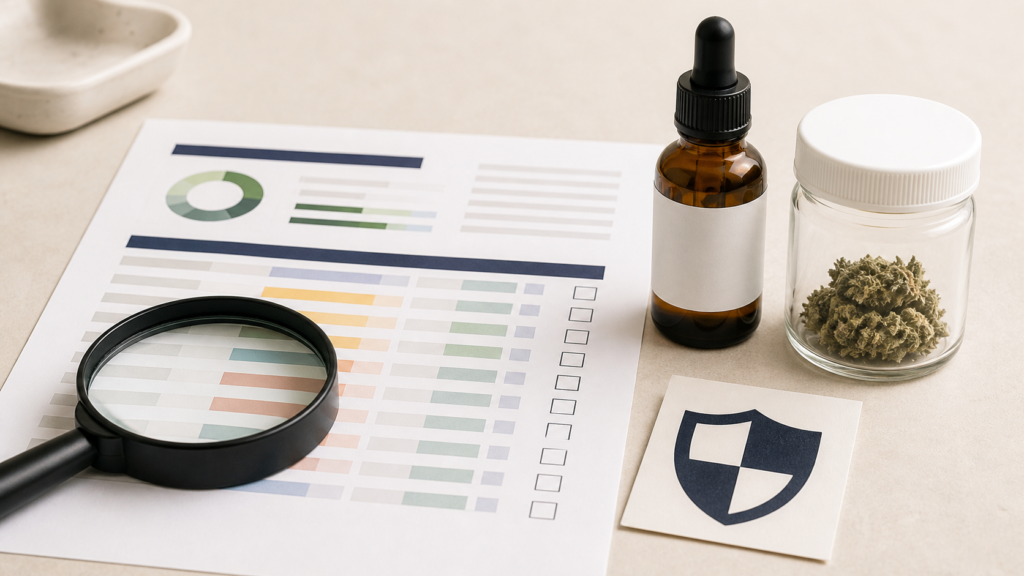 Unbranded laboratory report, amber bottle, sample jar, inspection card, and magnifying glass for pesticide COA review