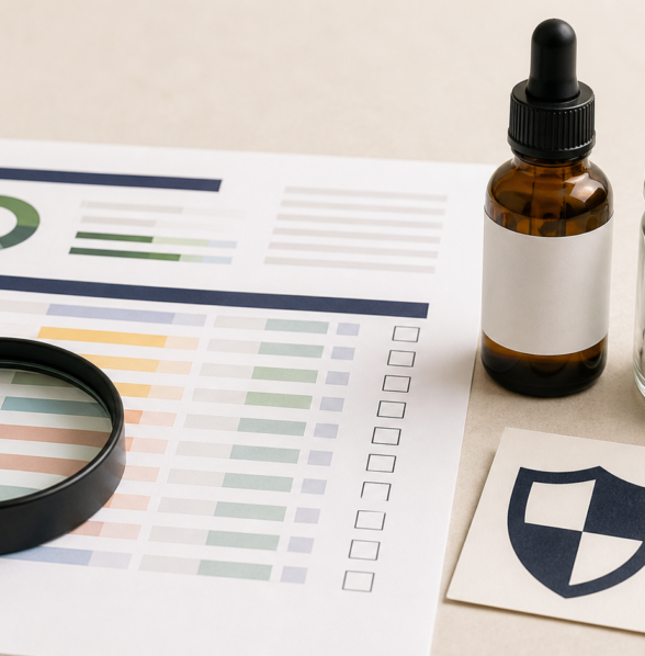 Unbranded laboratory report, amber bottle, sample jar, inspection card, and magnifying glass for pesticide COA review