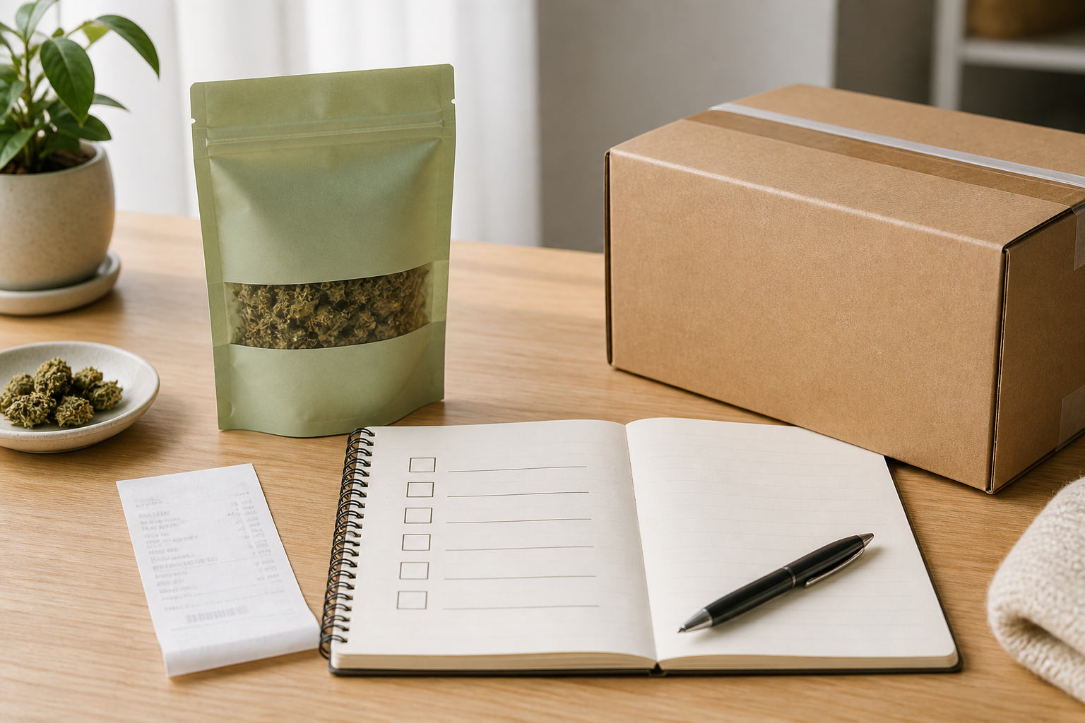 Unbranded cannabis product package beside a return policy checklist