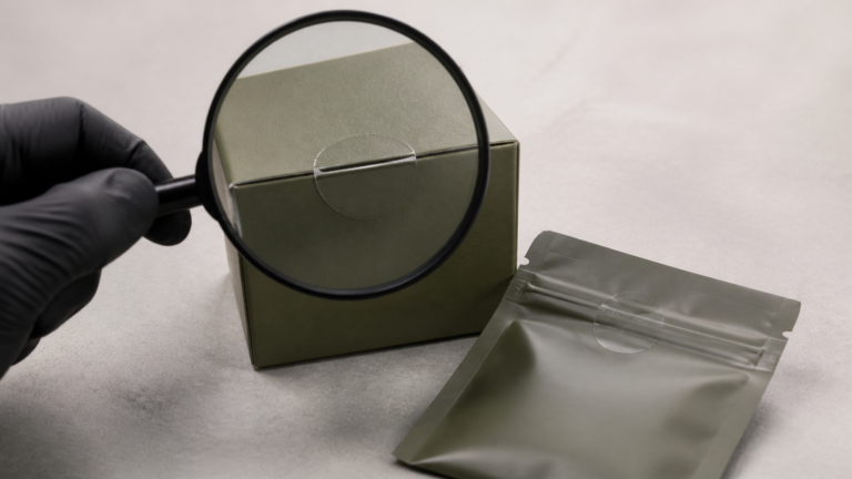 Magnifying glass inspecting an unbranded tamper-evident product seal