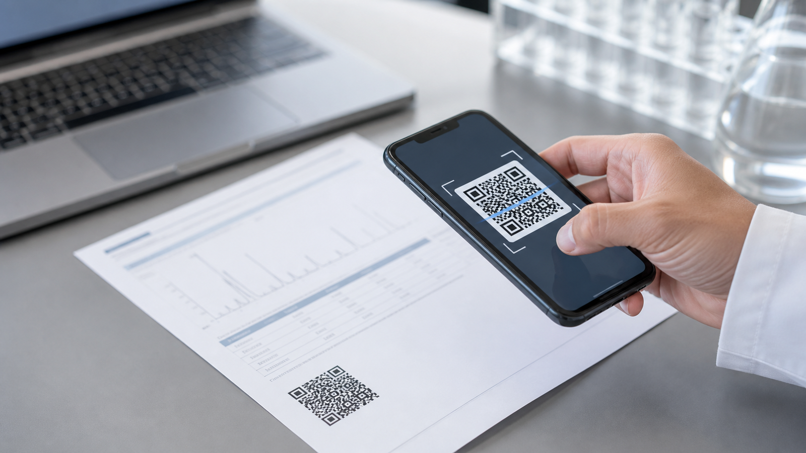 Smartphone checking a QR code on an unbranded CBD laboratory report