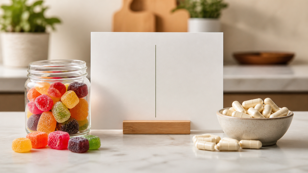 Unbranded CBD gummies and capsules comparison