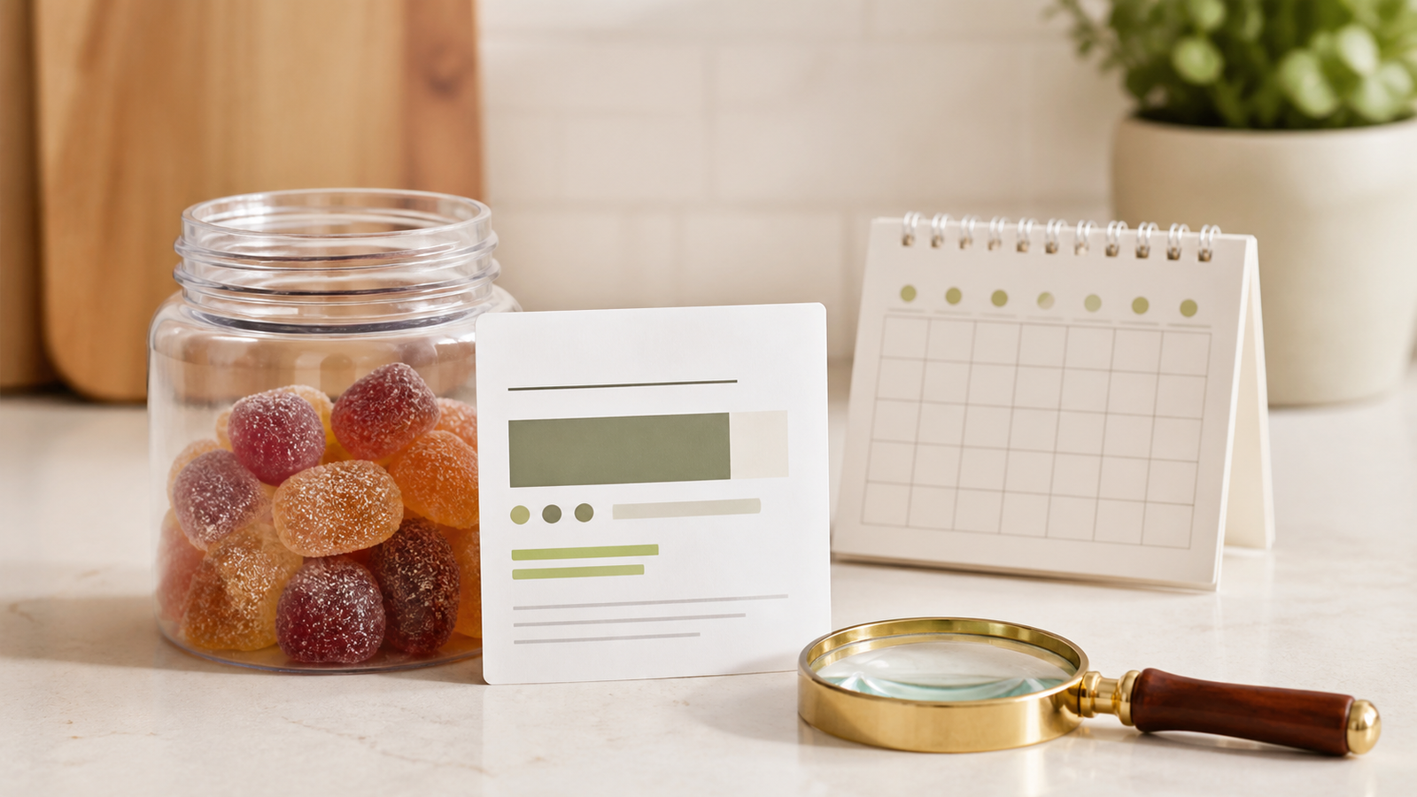 Unbranded CBD gummy jar with a blank date label, magnifying glass, and calendar card on a neutral kitchen counter