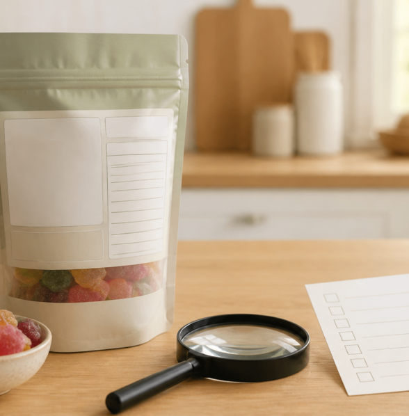 Unbranded gummy pouch with blank ingredient panel, colorful gummy shapes, magnifying glass, and checklist on a wooden table