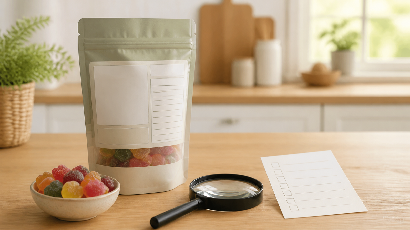 Unbranded gummy pouch with blank ingredient panel, colorful gummy shapes, magnifying glass, and checklist on a wooden table