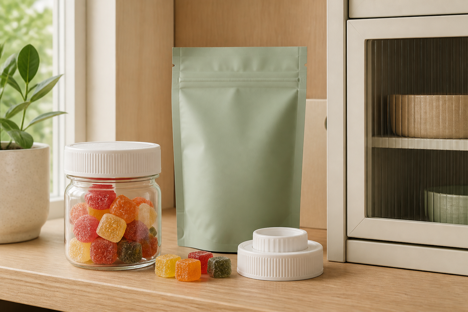 Unbranded gummy jar, sealed pouch, child-resistant cap, and organized pantry shelf for CBD gummy storage