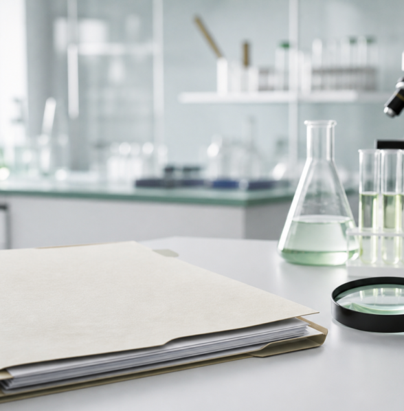 CBD laboratory report and magnifying glass for verifying lab accreditation