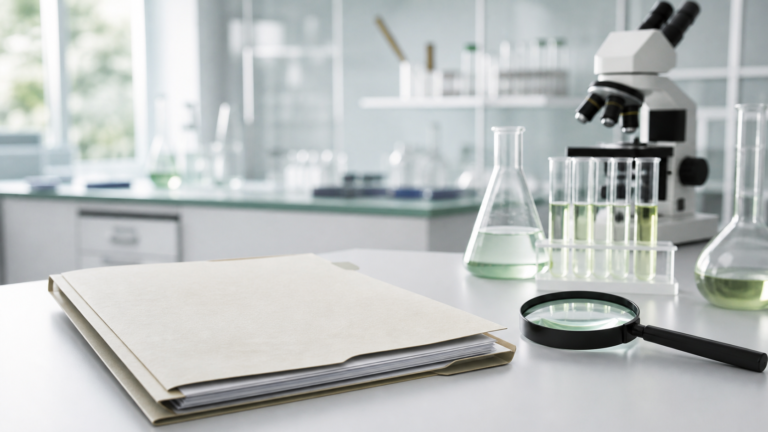 CBD laboratory report and magnifying glass for verifying lab accreditation