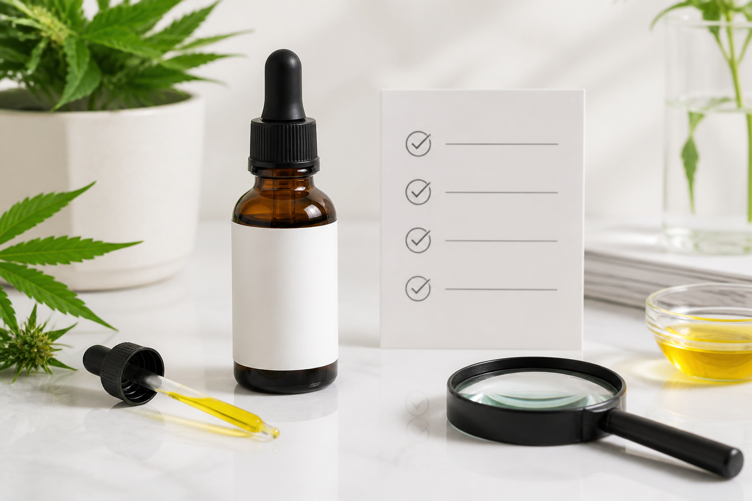 Adult shopper comparing information on a CBD oil label