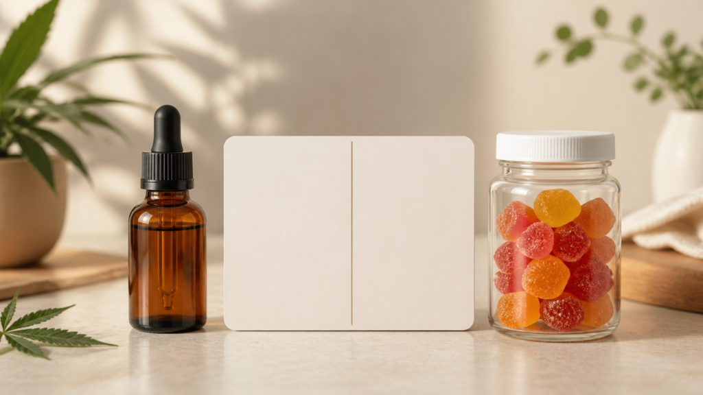 Unbranded CBD tincture and gummy comparison