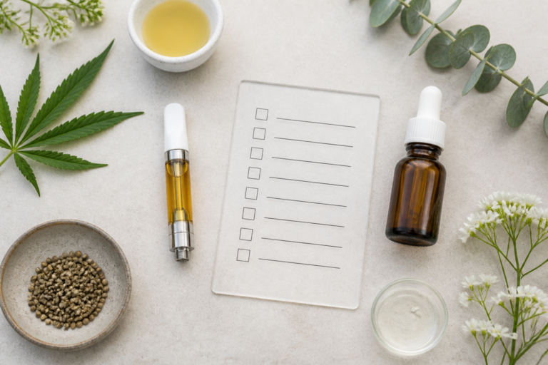 CBD vape cartridge, ingredient checklist, dropper bottle, and botanical elements for an ingredient guide