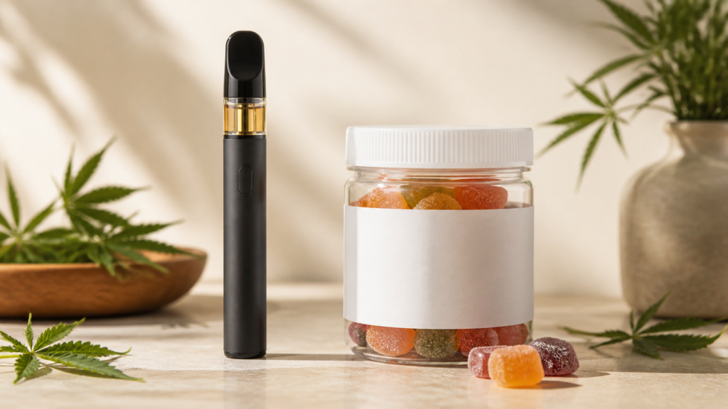Unbranded CBD vape and gummy comparison