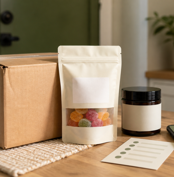 Unbranded CBD gummy pouch, shipping carton, generic jar, checklist card, and phone for a damaged package check