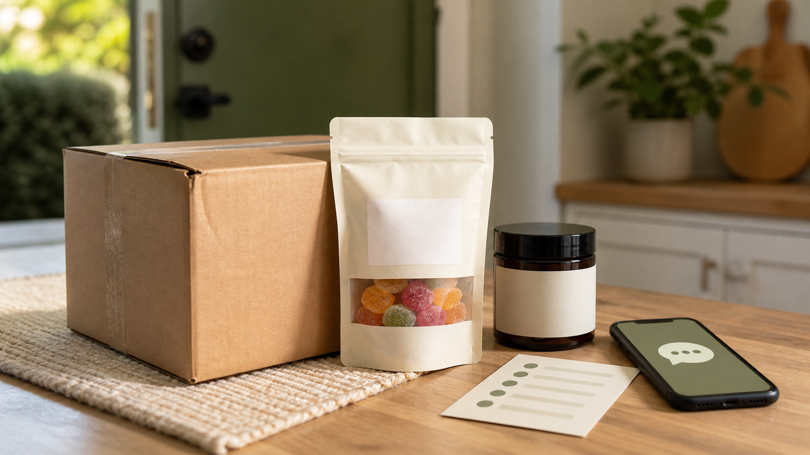 Unbranded CBD gummy pouch, shipping carton, generic jar, checklist card, and phone for a damaged package check