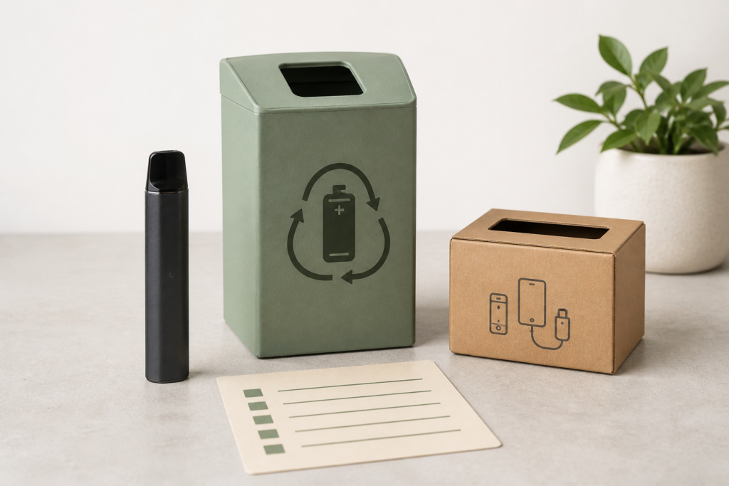 Unbranded disposable vape beside generic battery and electronics recycling collection boxes