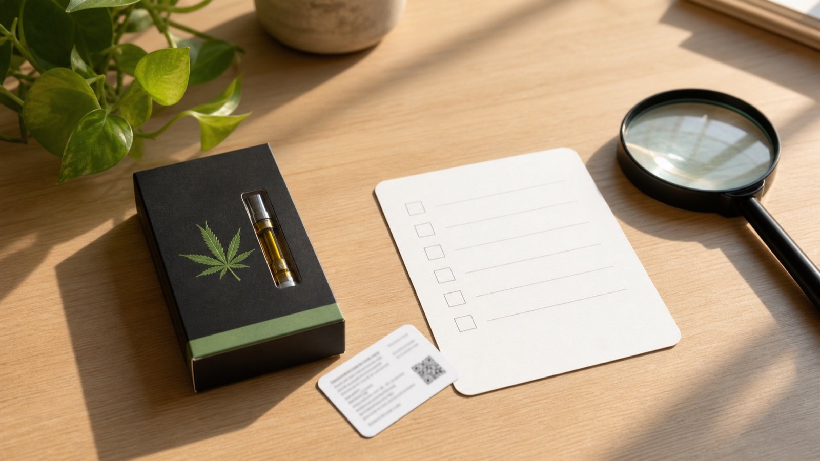 Editorial photograph for Cannabis Vape Label Reading Checklist for US Adult Buyers; illustrative image, not exact product packaging