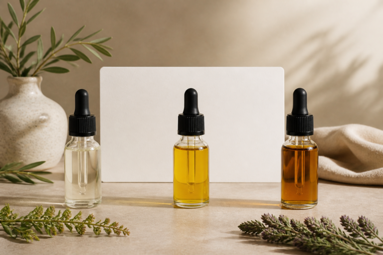 Unbranded full-spectrum CBD bottle with hemp leaves for product education