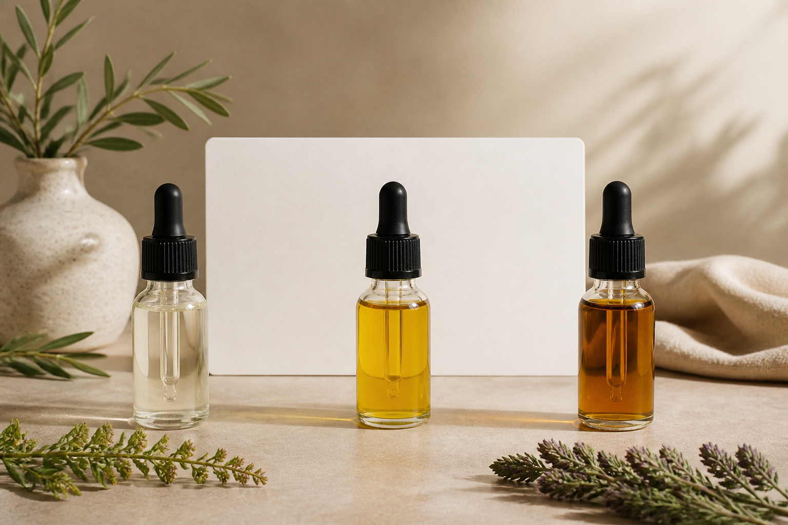 Unbranded full-spectrum CBD bottle with hemp leaves for product education