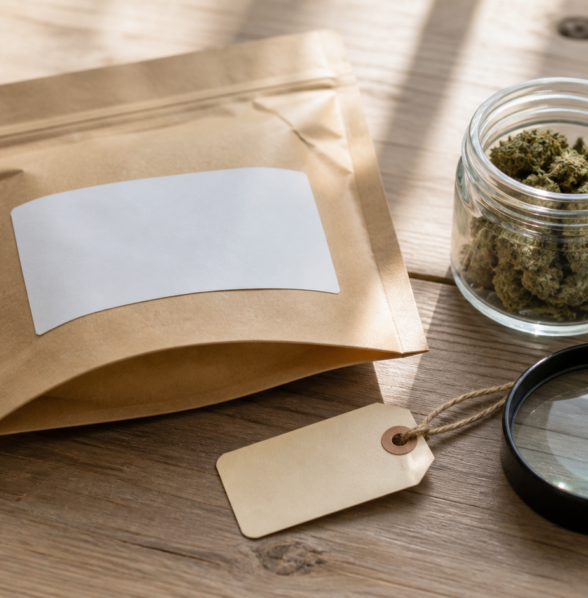 Unbranded sealed botanical flower pouch, clear jar with dried botanical flower, magnifying glass, and blank lot tag on a wooden table