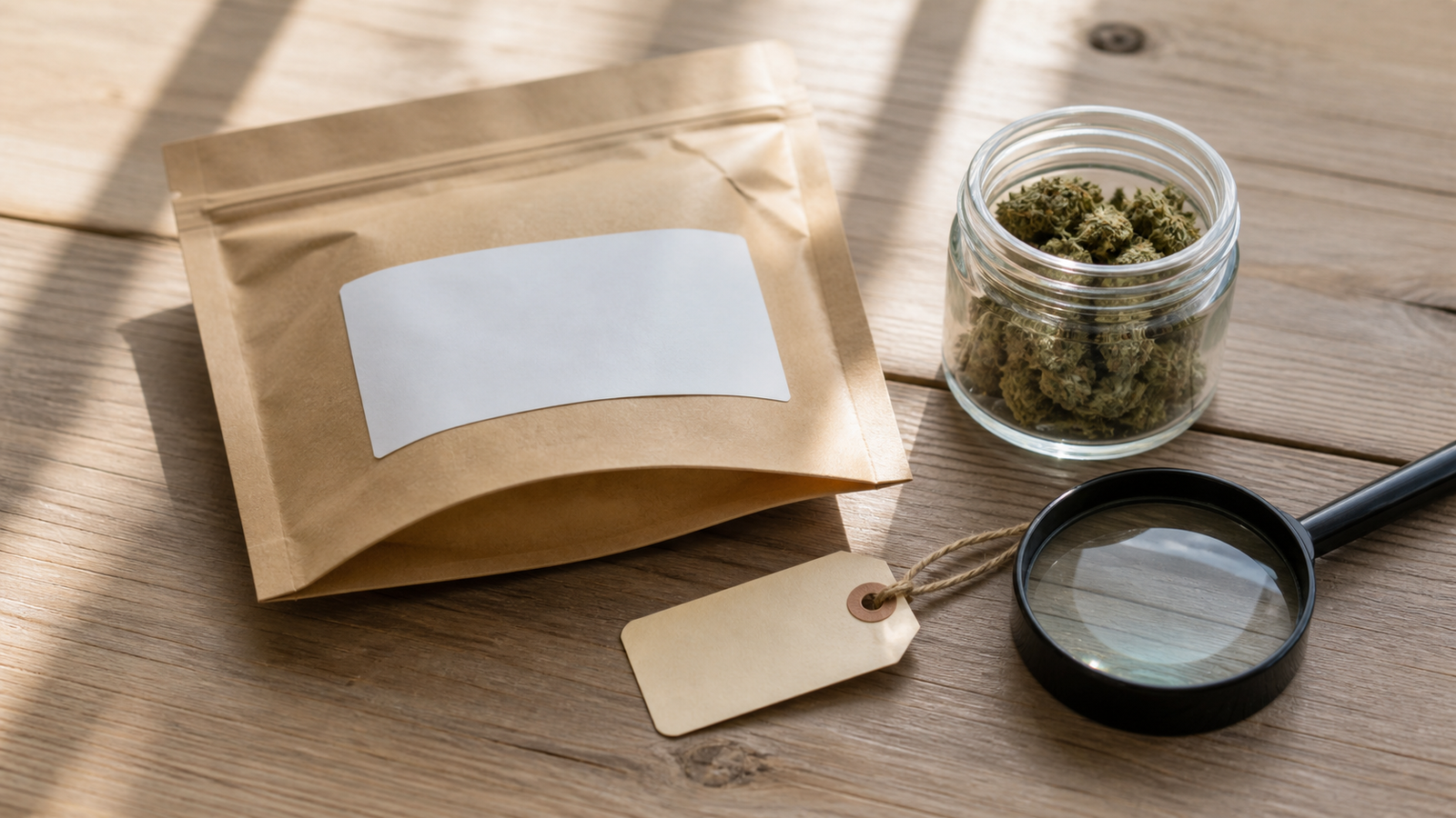 Unbranded sealed botanical flower pouch, clear jar with dried botanical flower, magnifying glass, and blank lot tag on a wooden table