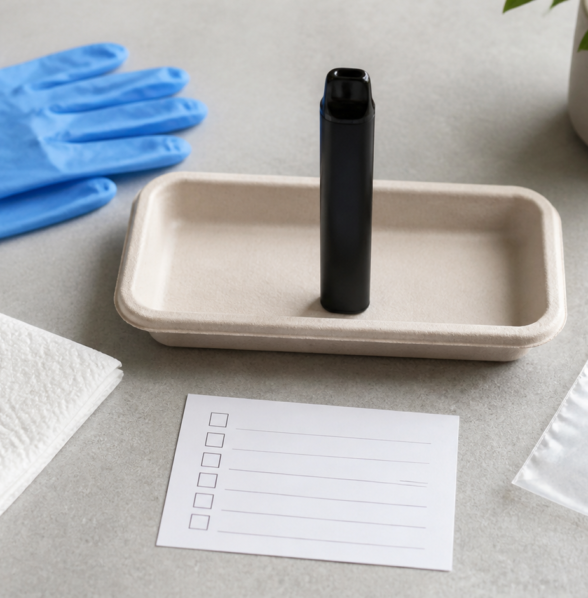 Unbranded black vape device standing in a plain tray with gloves, paper towel, sealed bag, and blank checklist on a neutral surface