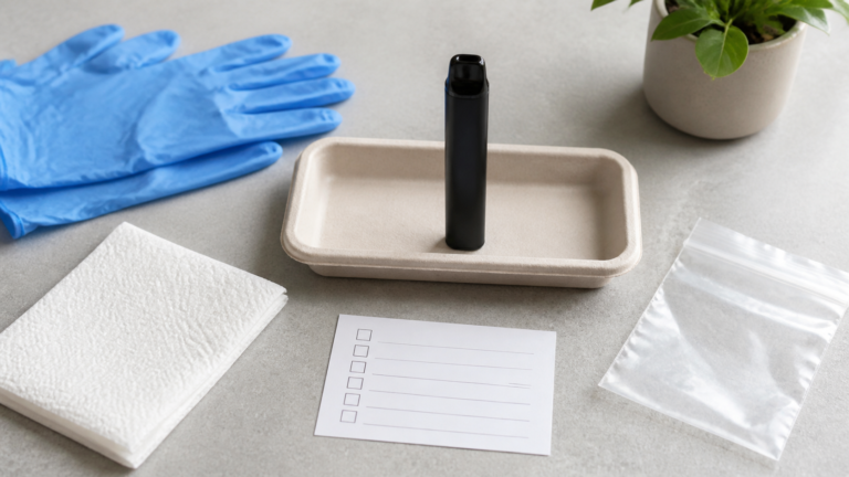 Unbranded black vape device standing in a plain tray with gloves, paper towel, sealed bag, and blank checklist on a neutral surface