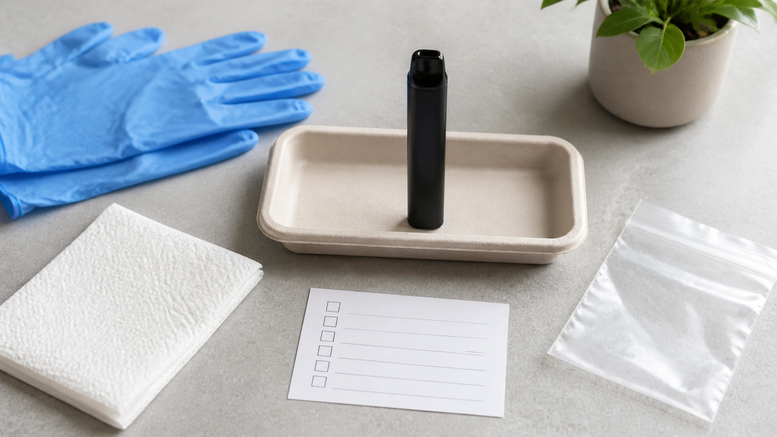 Unbranded black vape device standing in a plain tray with gloves, paper towel, sealed bag, and blank checklist on a neutral surface