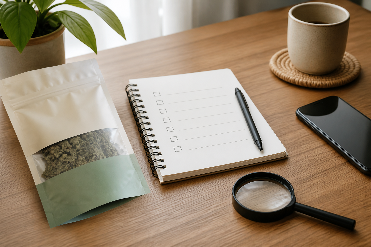 Unbranded hemp product package, checklist notebook, smartphone, and magnifying glass for buyer questions