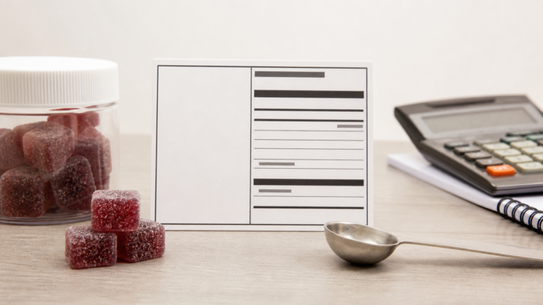 Unbranded gummies and facts panel for reading THC per serving