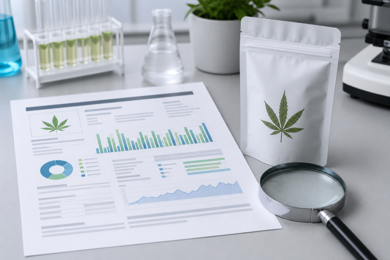 CBD product package and laboratory report used to verify third-party testing