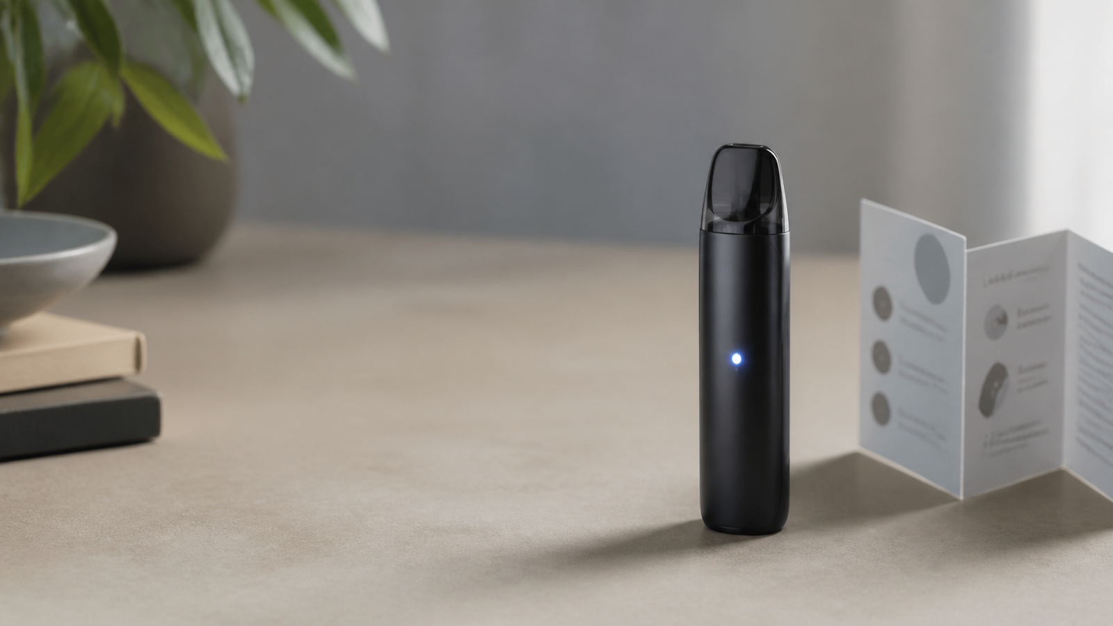 Unbranded dark vaporizer-style device with a soft abstract indicator glow and a blank instruction card on a neutral desk